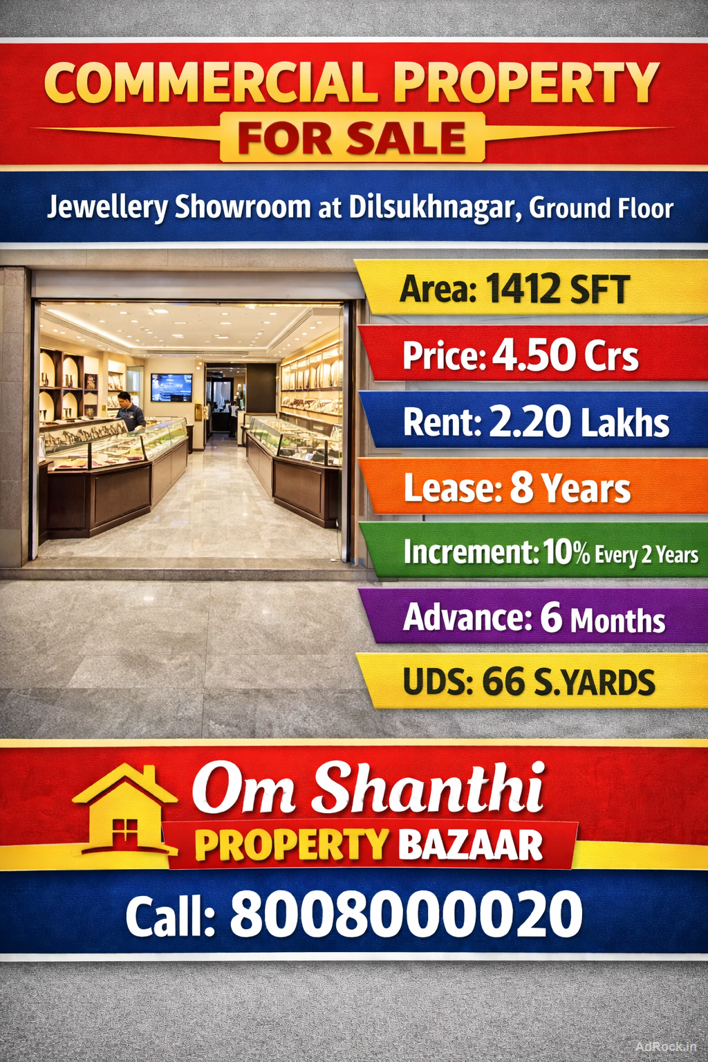 Sale of commercial property with Jewellery showroom at Dilsukhnagar main road, Area:1412 sft,Ground floor,Pric..