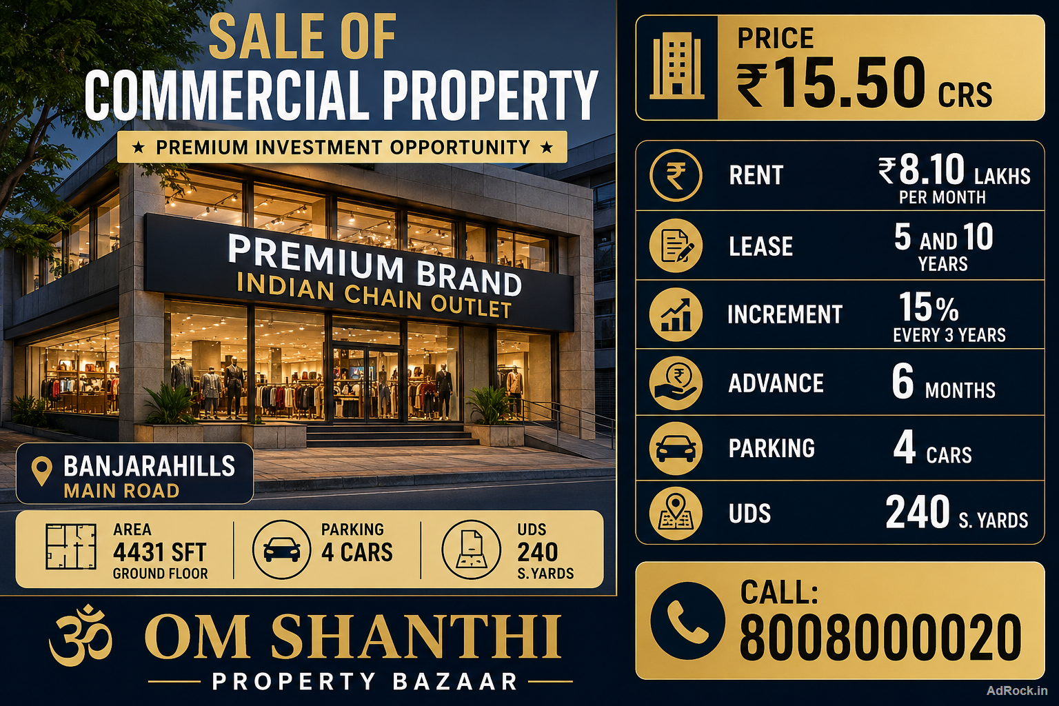 SALE OF COMMERCIAL PROPERTY PREMIUM BRAND INDIAN CHAIN OUTLET TENANT AT BANJARAHILLS MAIN ROAD