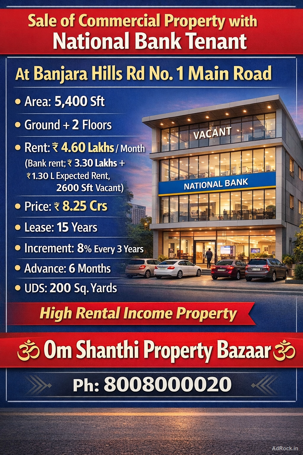 SALE OF COMMERCIAL PROPERTY WITH NATIONAL BANK TENANT AT BANJARAHILLS ROAD NO:1 MAIN ROAD