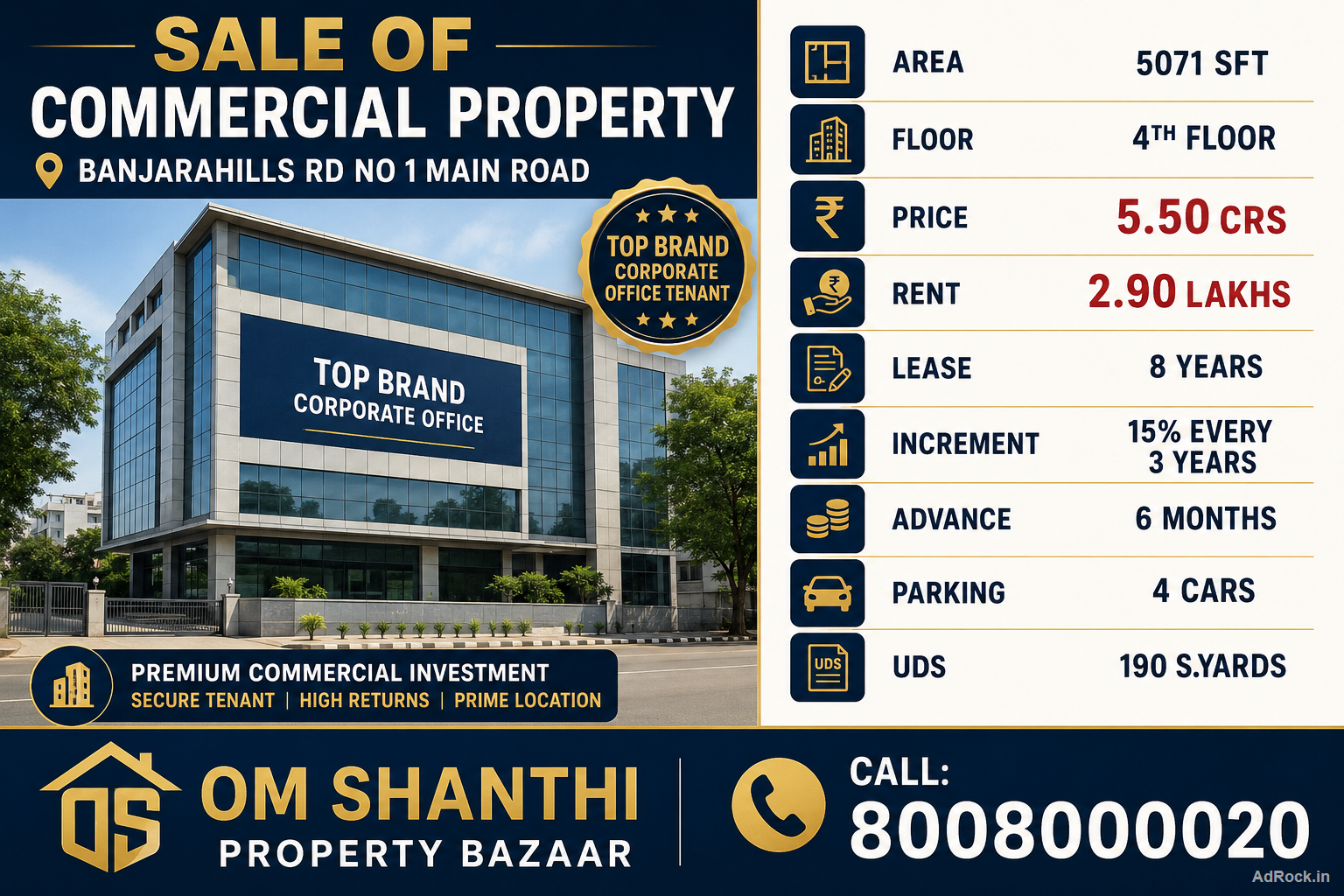 SALE OF COMMERCIAL PROPERTY WITH TOP BRAND CORPORATE OFFICE TENANT AT BANJARAHILLS 